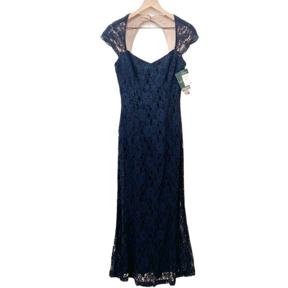 $398 RALPH LAUREN Lace & Floral Print Navy Blue Dress Gown – Size 8 / Medium - Picture 5 of 10
